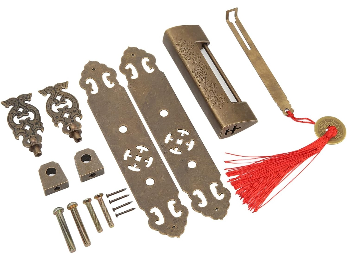 Conjunto De Puxadores, Maçanetas E Placa De Fixação Para Cadeado Em Latão Antigo, Estilo Chinês, Para Armários De Caixas