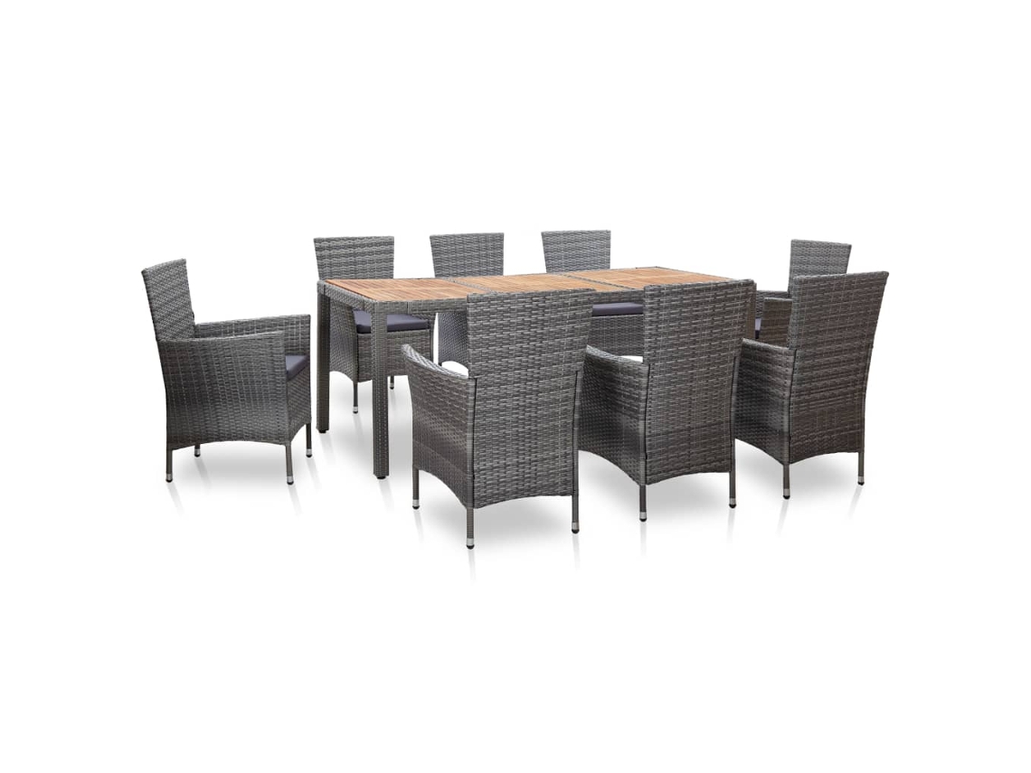 Vidaxl 9 Pcs Conjunto Jantar Exterior C/ Almofadões Vime Pe Cinzento