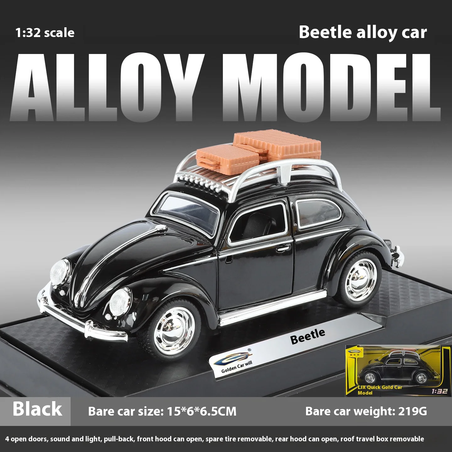 (preto) Miniatura De Fusca Em Escala 1:32, Com Efeitos Sonoros E Luminosos, Mecanismo De Fricção E Base.