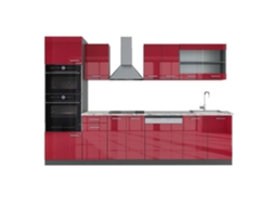Cozinha R-Line, 300 cm com armário alto, Mármore PT, Bordeaux alto brilho/antracite, Vicco