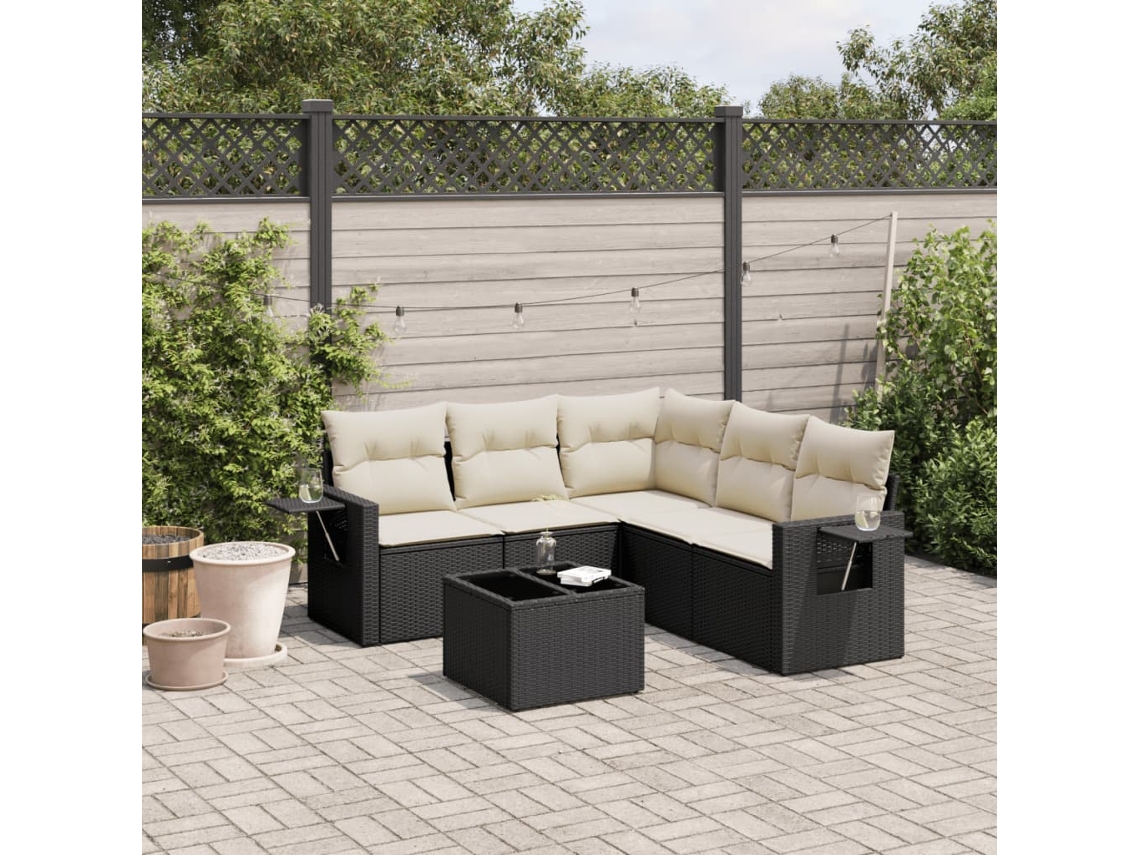 6 Pcs Conjunto Sofás De Jardim C/ Almofadões Vime Pe Preto Dkd Home Decor