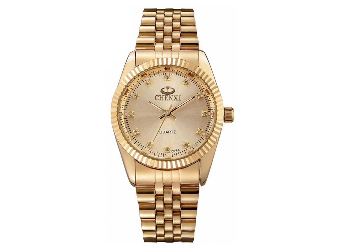 Relógio de pulso masculino analógico de quartzo dourado com pulseira de aço inoxidável.