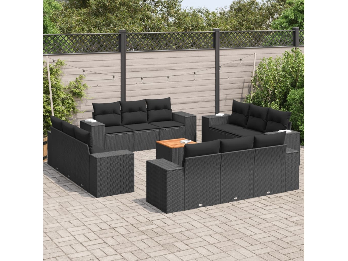 Vidaxl 13 Pcs Conjunto De Sofás De Jardim Com Almofadões Vime Pe Preto