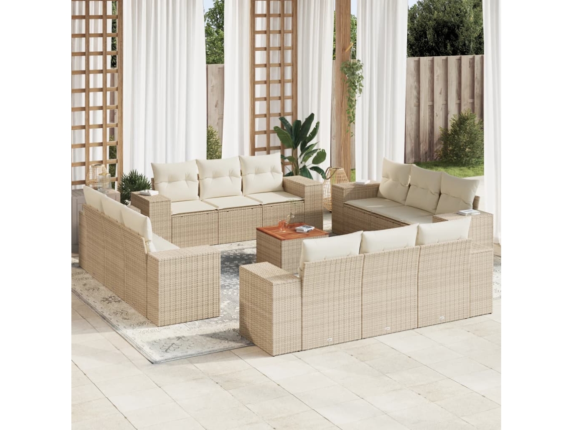 Vidaxl 13 Pcs Conjunto De Sofás P/ Jardim Com Almofadões Vime Pe Bege
