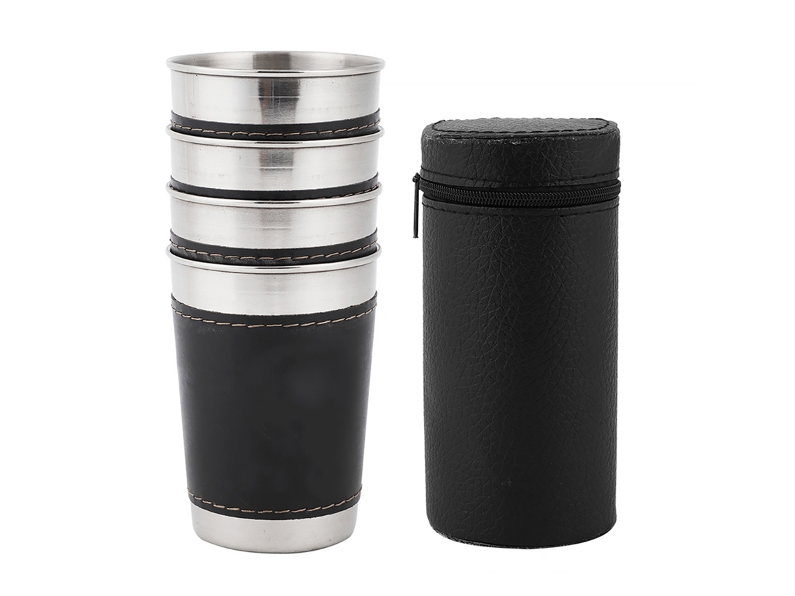 Nova Line 4pcs Copo de Vinho e Café Mini Portátil de Aço Inoxidável com Capa de Couro 170ml