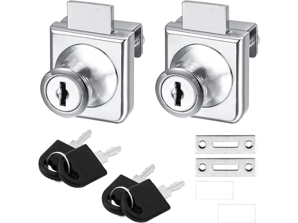 Fechadura Para Porta De Vidro Em Liga Zinco, Pacote Com 2 Unidades, Vitrine, Parafusos Segurança Portas 5 A 8 Mm, Chave Separada, Sem Necess