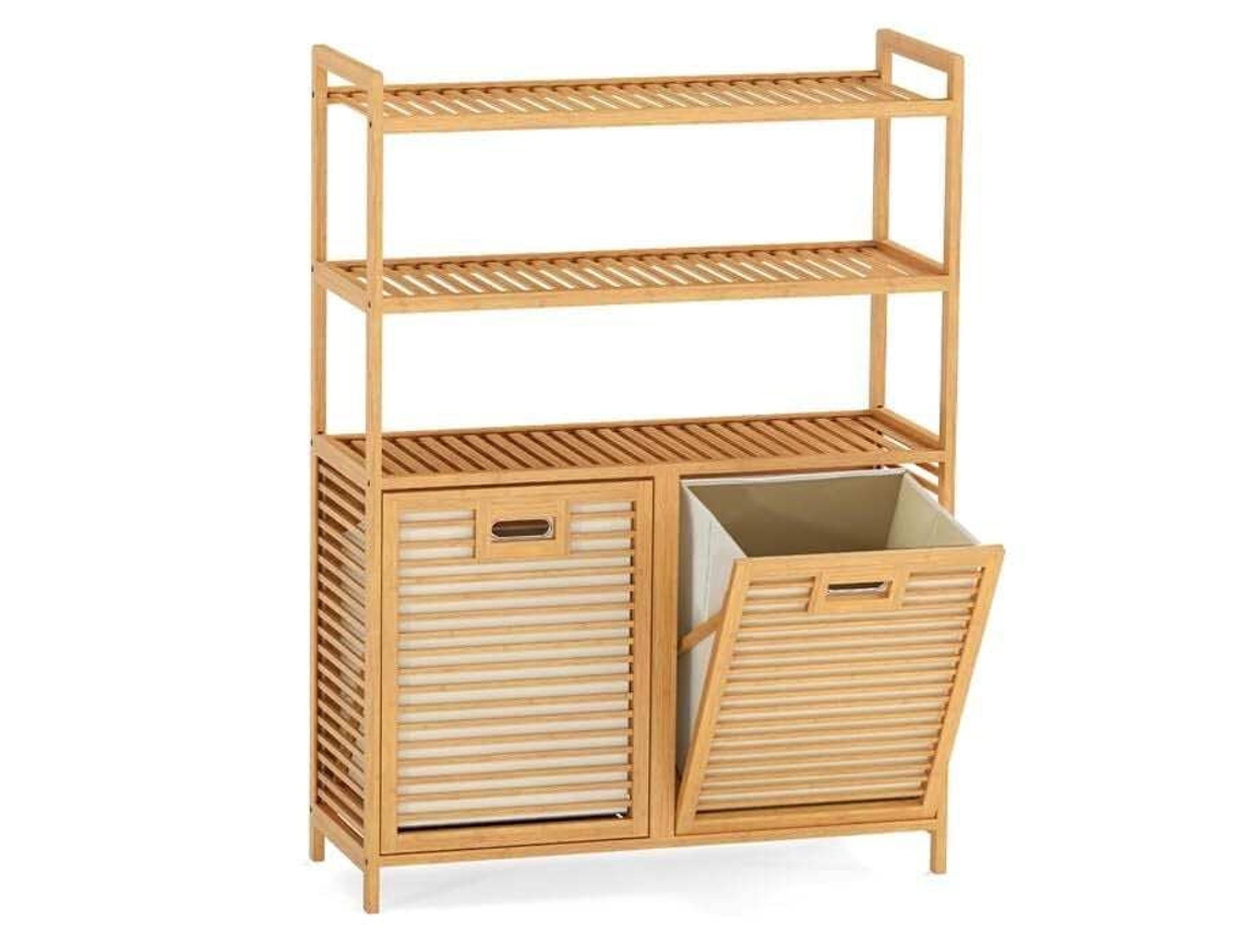 Cesto Duplo Basculante Para Roupa Em Bambu Com Prateleiras