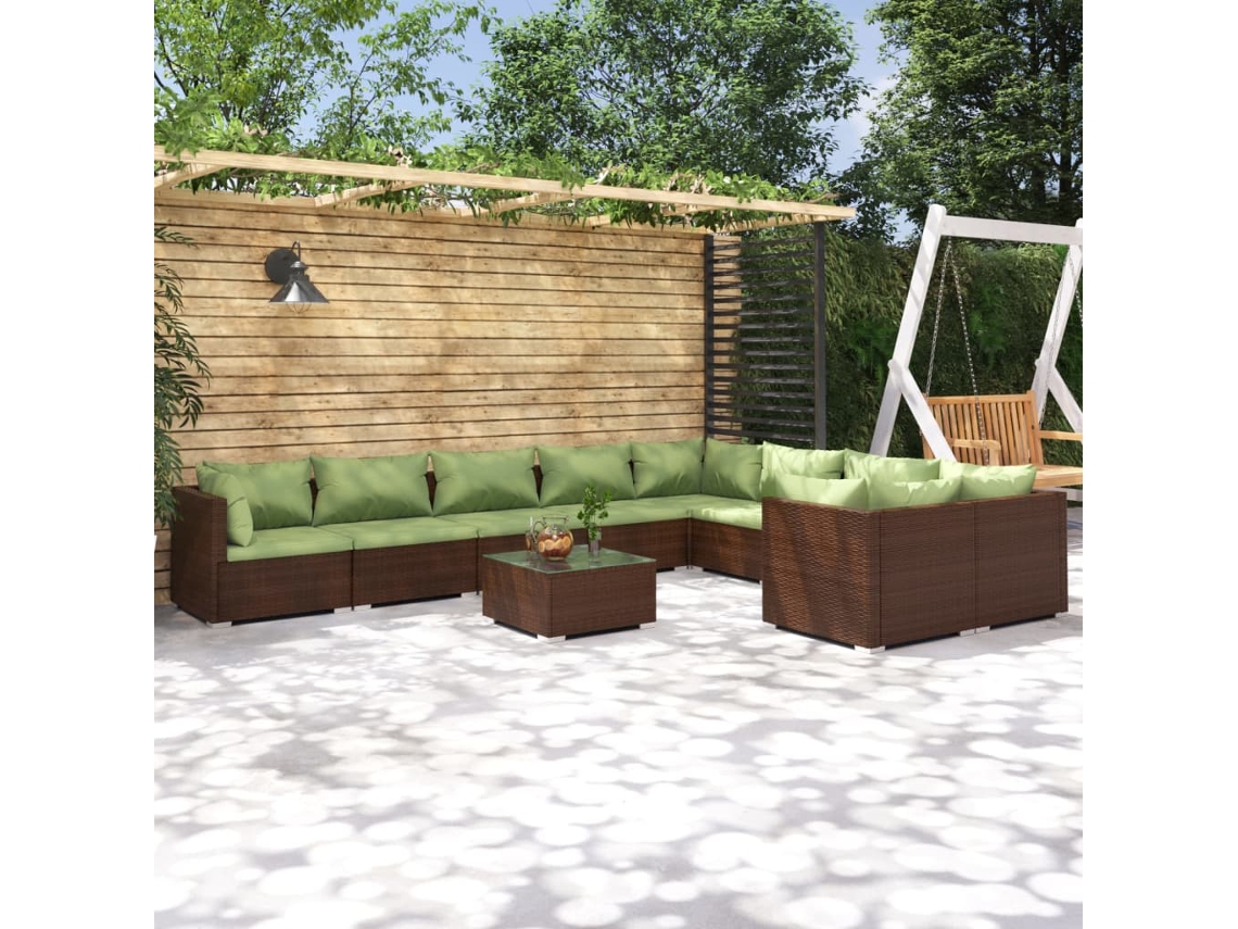 Vidaxl 10 Pcs Conjunto Lounge De Jardim C/ Almofadões Vime Pe Castanho