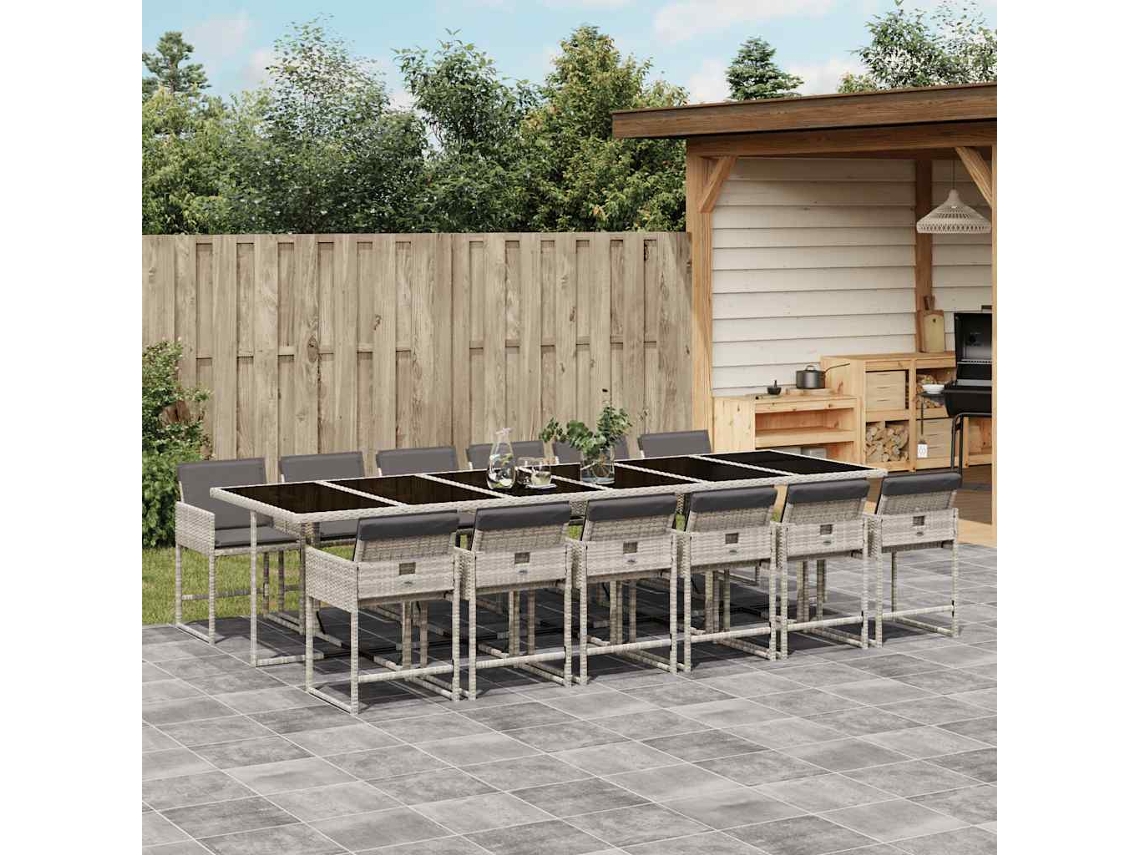 Vidaxl 13 Pcs Conj. Jantar Jardim C/ Almofadões Vime Pe Cinzento-claro