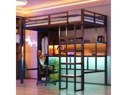 Cama Metálica Mezzan 90x200cm: Escada Vertical, Escrivaninha, Led Multicolorida, Guarda-roupa, Preta.-op