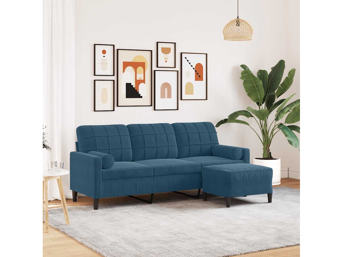 Vidaxl Sofá De 3 Lugares Com Apoio De Pés 180 Cm Veludo Azul