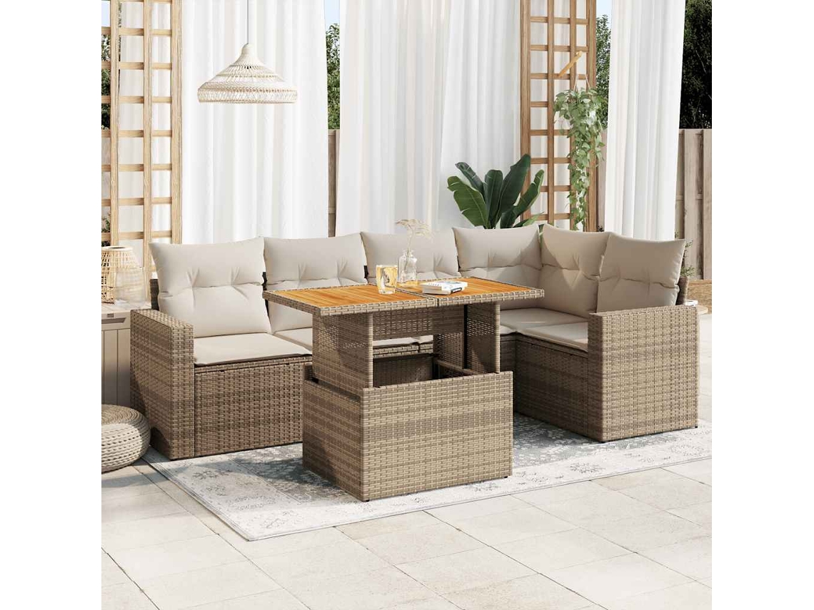 Vidaxl 6 Pcs Conjunto De Sofás P/ Jardim Com Almofadões Vime Pe Bege