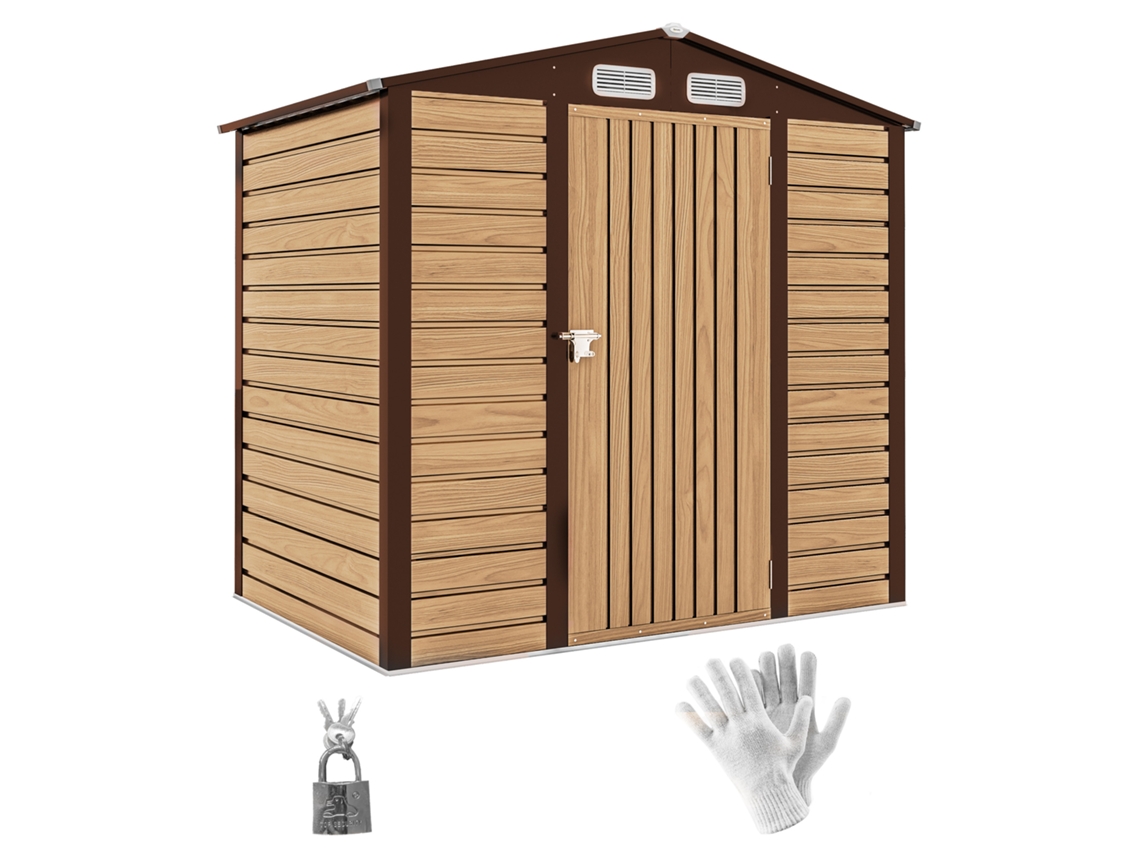 Abrigo De Jardim Para Ferramentas 190x132x187 Cm, 2 Janelas De Ventilação E Porta Com Fechadura, Acabamento Carvalho