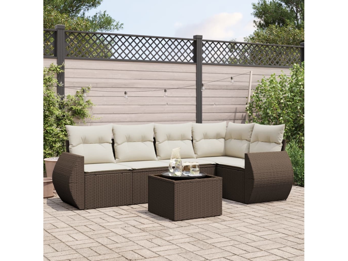 Vidaxl 6 Pcs Conjunto De Sofás Jardim C/ Almofadões Vime Pe Castanho