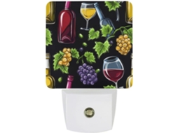 Luminária de parede LED em formato de garrafa de vinho e taça de uva com sensor crepuscular.