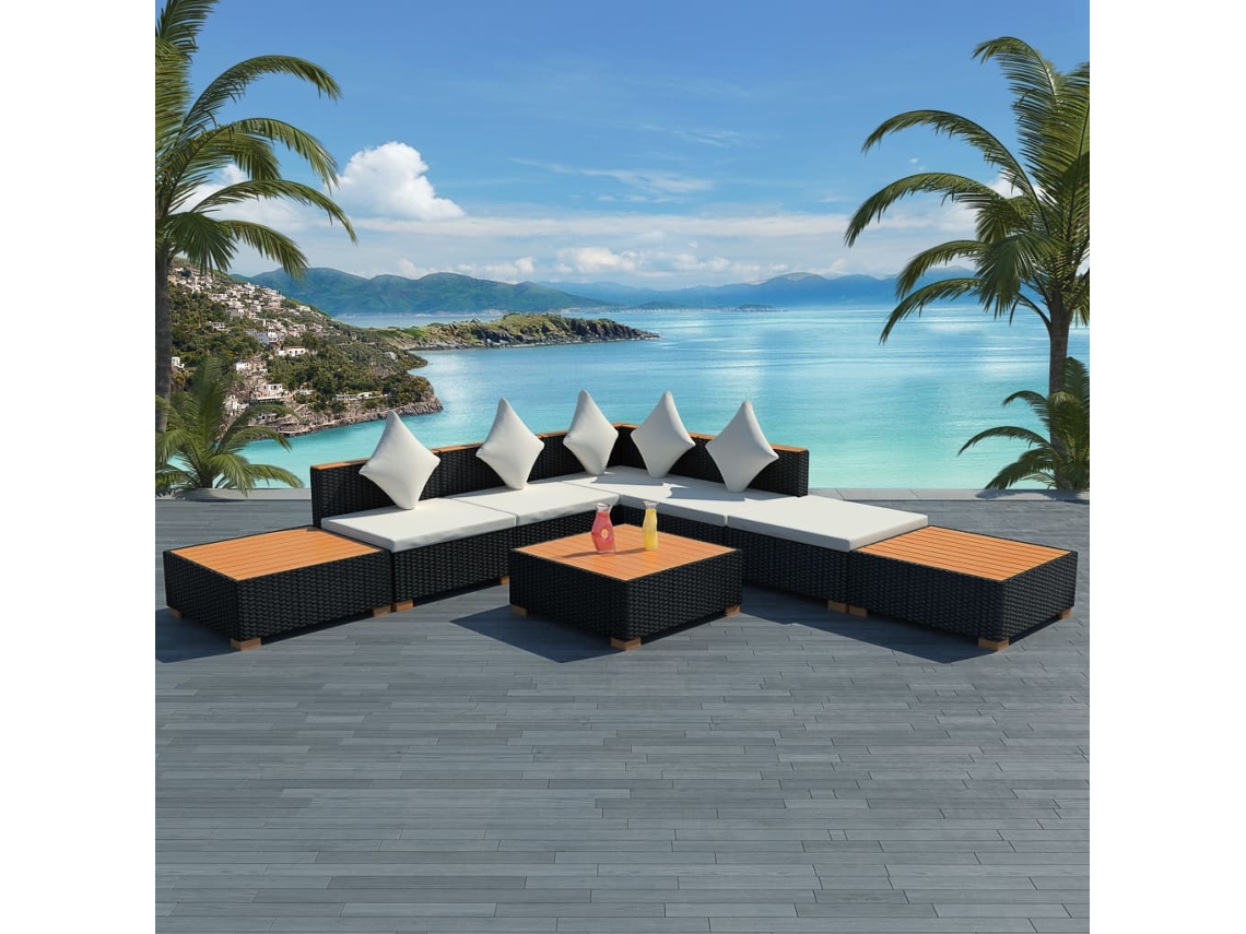 Conjunto Lounge Jardim 8 Peças C/ Almofadões Vime Pe Preto Dkd Home Decor
