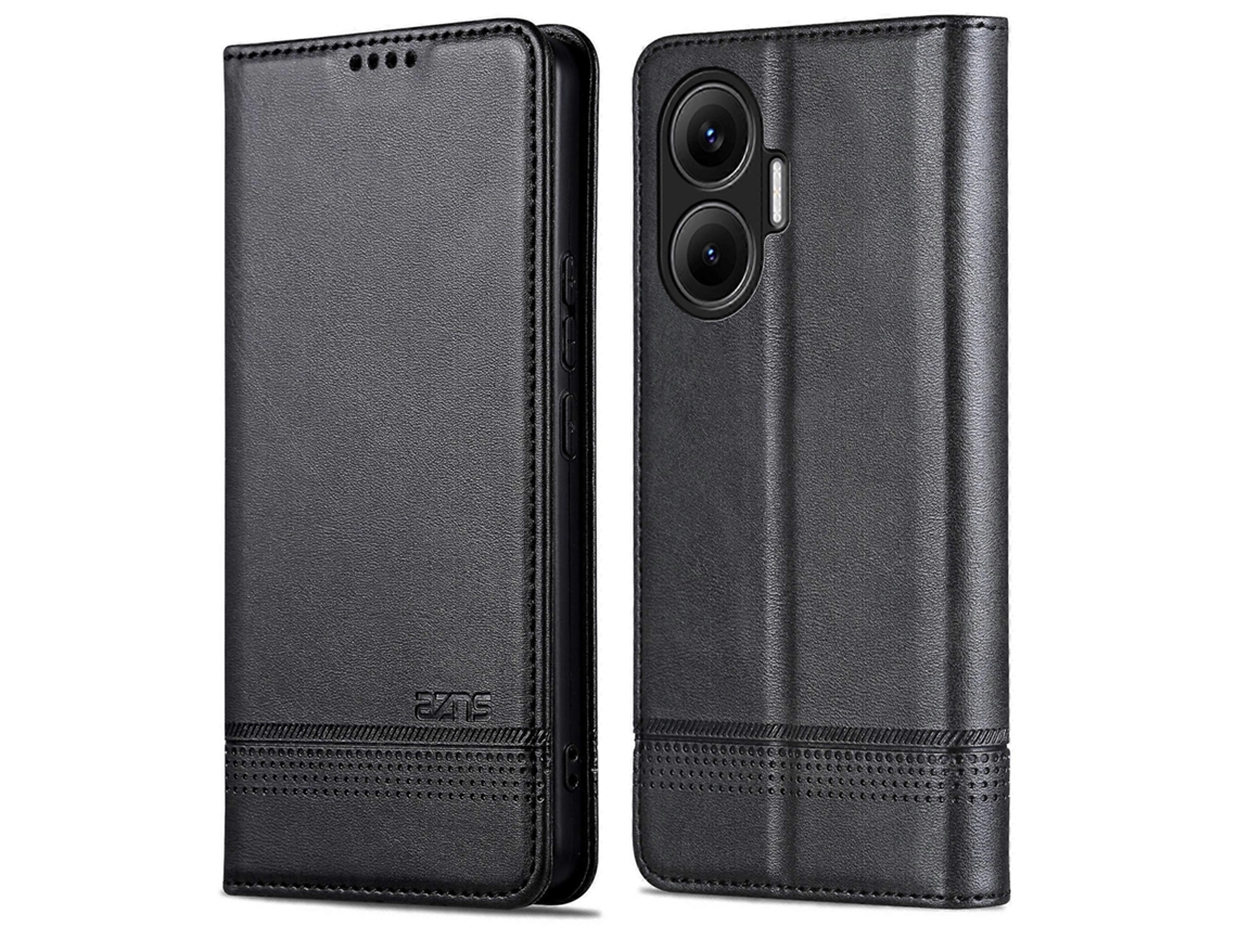 Capa Azns Para Xiaomi Poco F7 5g Redmi Turbo 4 Pro 5g, Capa Tipo Carteira De Couro Sintético Com Textura De Couro Bovino, Preta