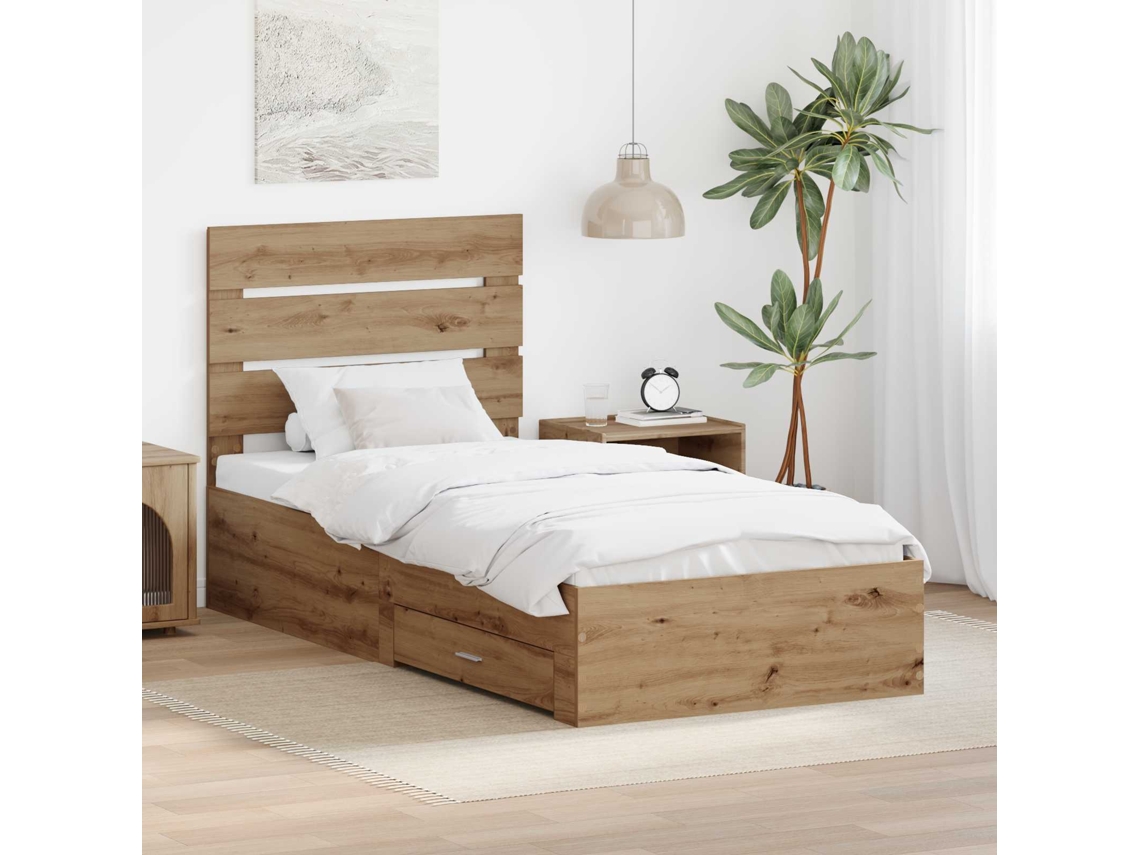 Vidaxl Estrutura da Cama com Gaveta Carvalho Artesanal 90 X 200 Cm