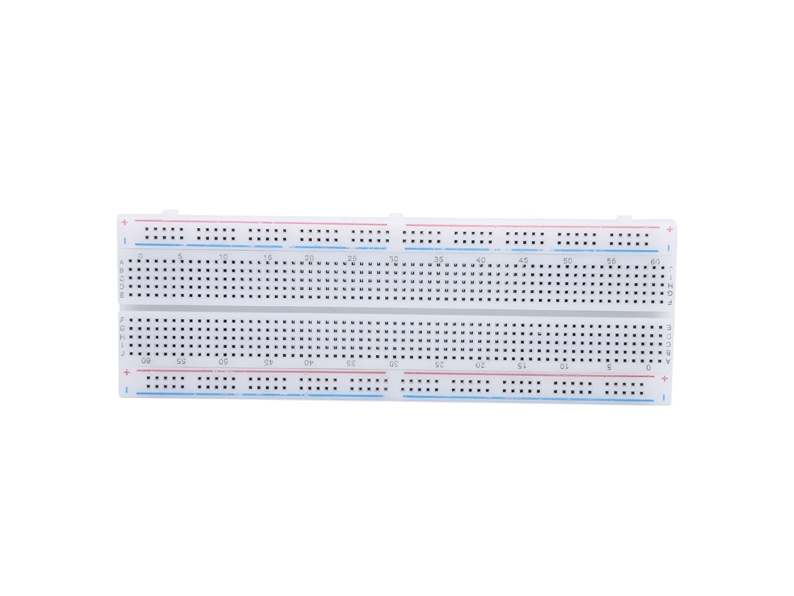 Protoboard sem solda com 830 pontos de conexão, reutilizável para circuitos.