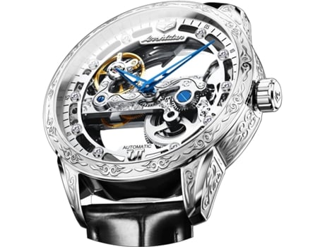 Relógio Mecânico Oco Masculino Facpoet Relógio De Couro Luminoso À Prova Dágua (preto Branco)