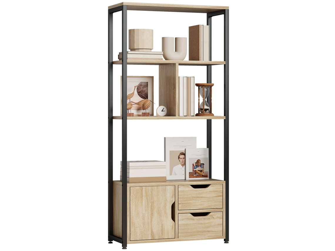 Estante industrial, 3 prateleiras, porta de armário, 2 gavetas, 58x24x122cm, efeito madeira natural, aço preto