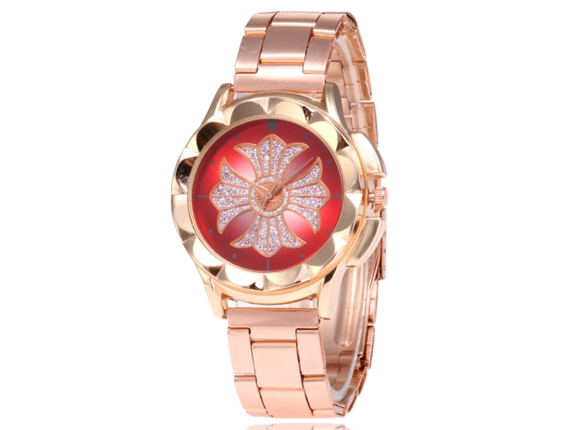 Relógio de pulso unissex em aço com pulseira redonda e mostrador vazado para casais (vermelho)