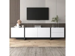 Este Armário Baixo Minimalista E Linear Apresenta Pés, Portas, Gavetas E Prateleiras Interiores Em Preto Brilhante Com Contraste Com O Branco.