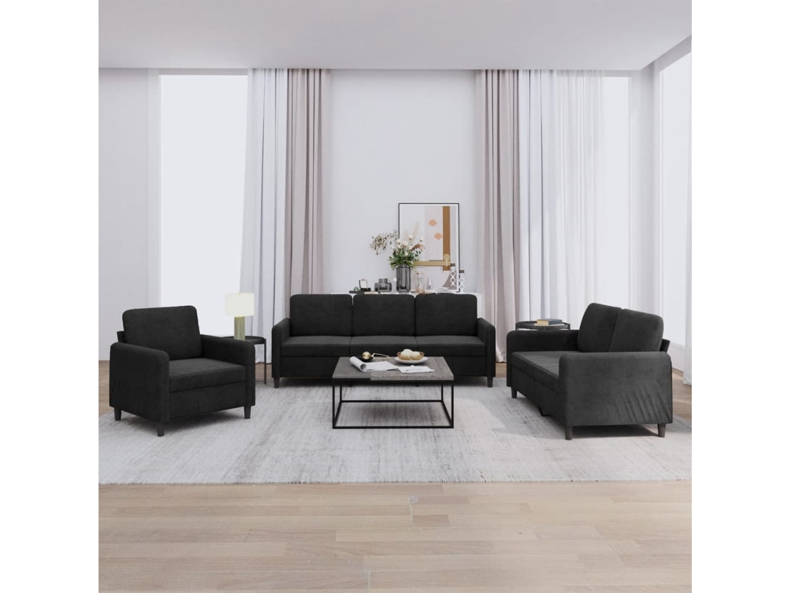 Vidaxl 3 Pcs Conjunto De Sofás Veludo Preto