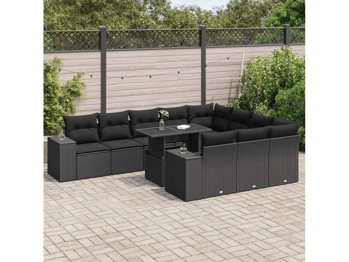 Vidaxl 11 Pcs Conjunto Sofás De Jardim C/ Almofadões Vime Pe Preto