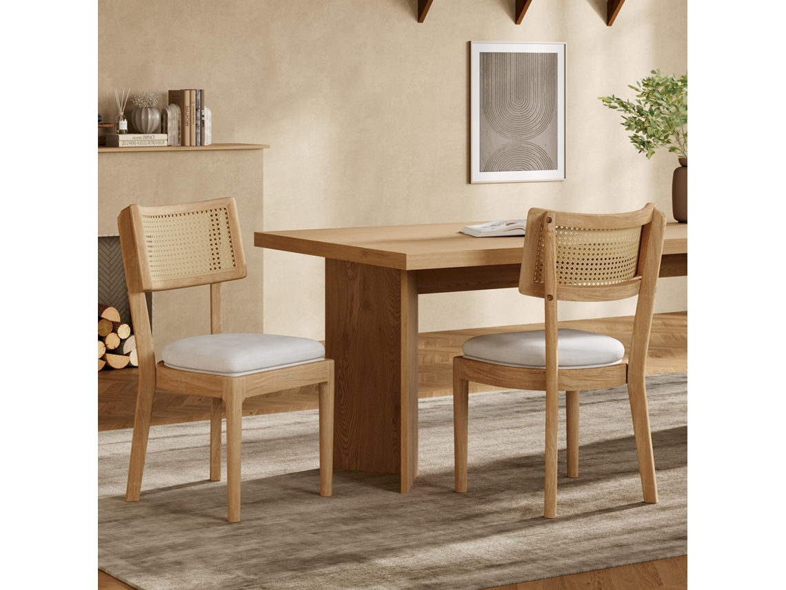 Conjunto De 2 Cadeiras De Jantar Em Madeira Maciça Com Encosto Em Rattan, Confortáveis E Respiráveis, Ideais Para Salas De Jantar.