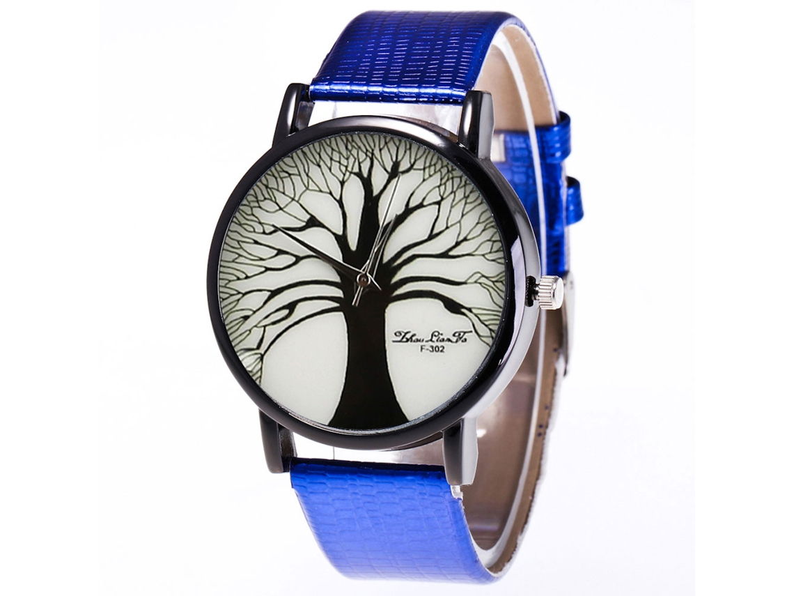 Relógio de casal com mecanismo de quartzo, pulseira de couro sintético, mostrador com estampa de floresta, estilo casual (azul)