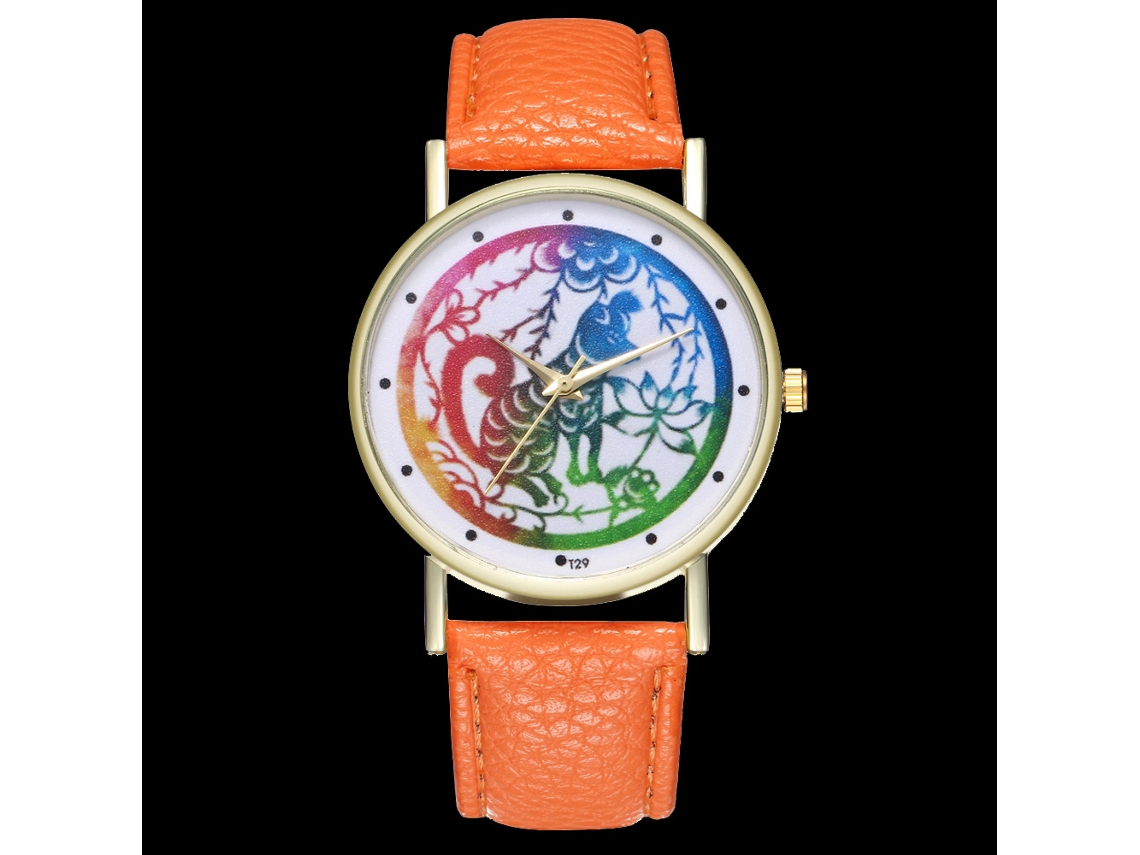 Relógio analógico Zodiac para homens e mulheres, em couro PU, laranja casual.