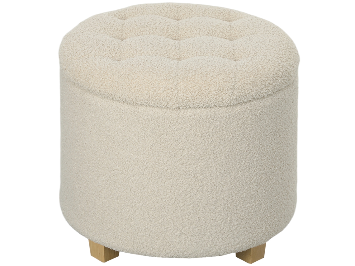 Puf Redondo Com Tampa E Pés De Madeira, Ideal Para Guardar Objetos Na Sala De Estar, Corredor Ou Quarto, Na Cor Branco Creme. Btforus