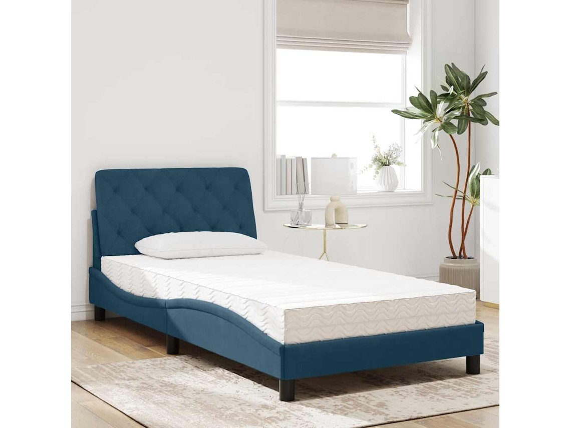Vidaxl Cama Com Colchão 100x200 Cm Veludo Azul