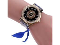 Relógio de Pulso Feminino de Quartzo com Pulseira de Tecido e Strass Dial Estampado Azul