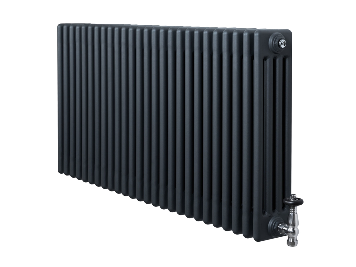 Radiador Tradicional 4 Colunas 600x1190 Mm Cinza Antracite 1512w + Válvulas Termostáticas Cromadas – Aço Carbono,