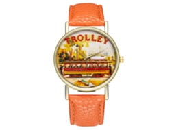 Relógio de pulso unissex de quartzo com pulseira de PU e mostrador redondo com estampa de carrinho (laranja)
