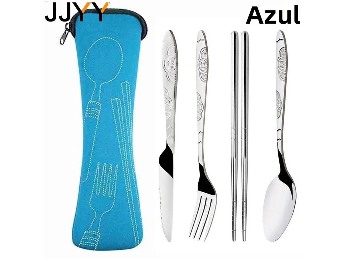 Conjunto de Talheres Portáteis de Aço Inoxidável com Padrão em Relevo e Bolsa para Viagem. MDUG (azul, 4 Peças)