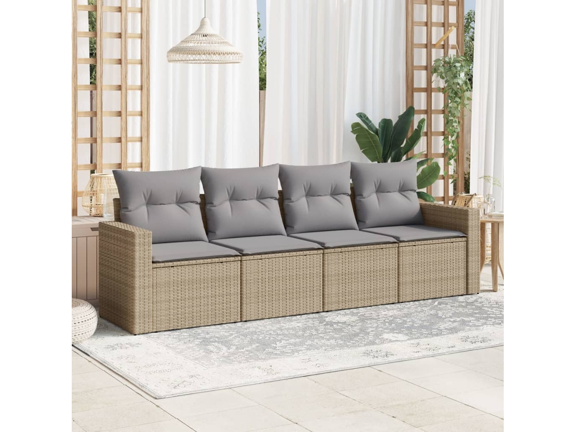 Vidaxl 4 Pcs Conjunto De Sofás Para Jardim C/ Almofadões Vime Pe Bege