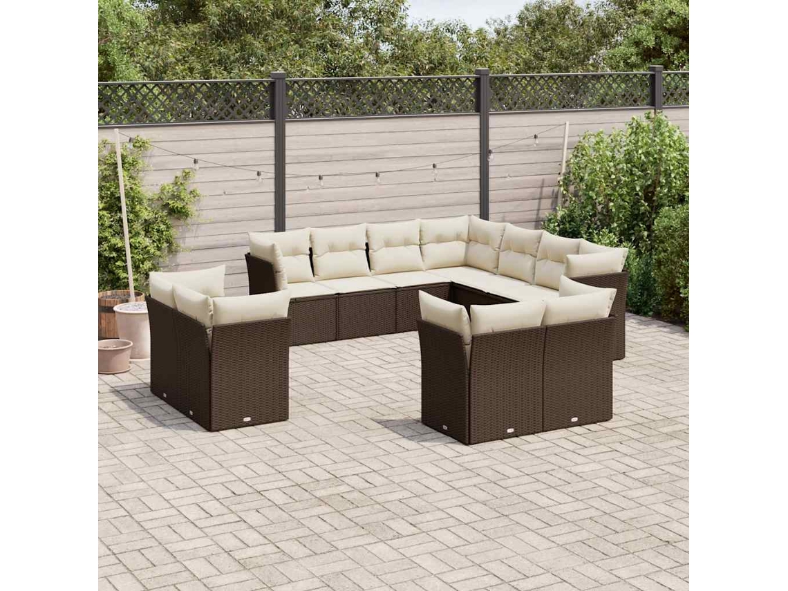 Vidaxl 11 Pcs Conjunto Sofás De Jardim C/ Almofadões Vime Pe Castanho
