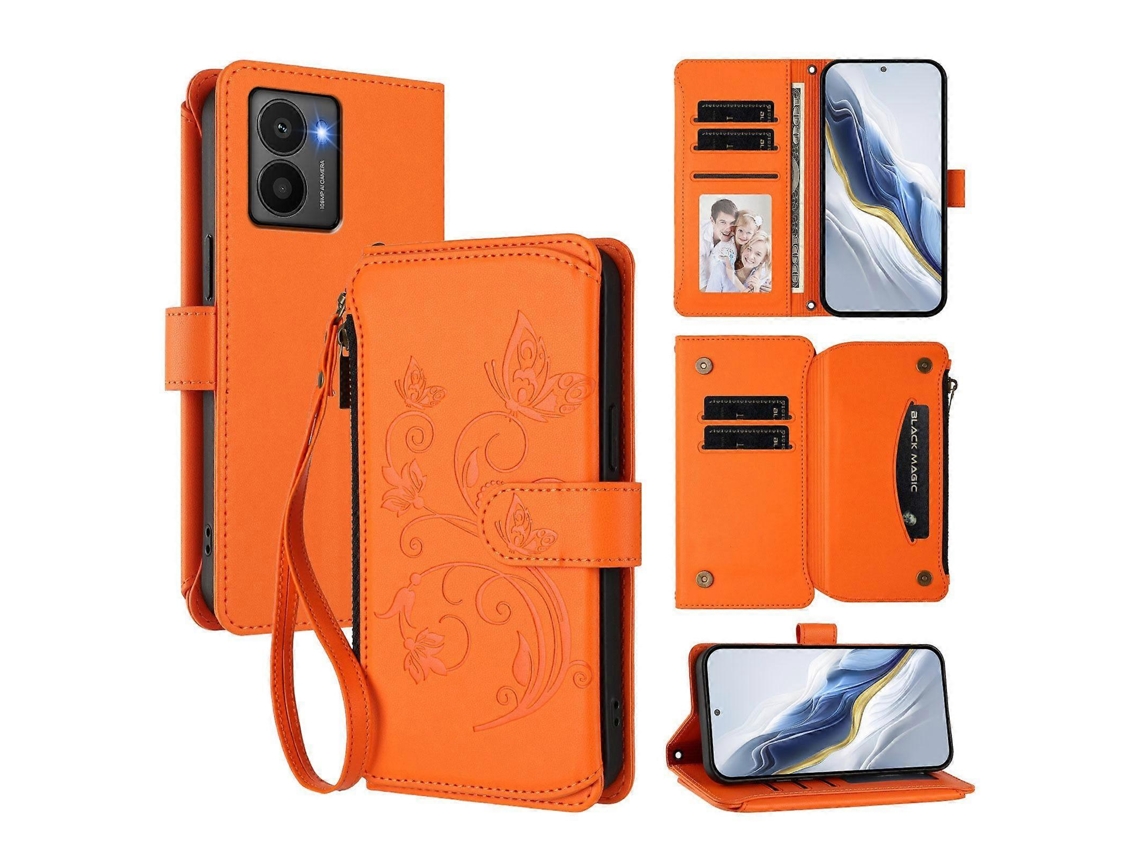 Capa De Celular De Couro Com Zíper E Várias Carteiras Com Estampa De Borboleta E Flor