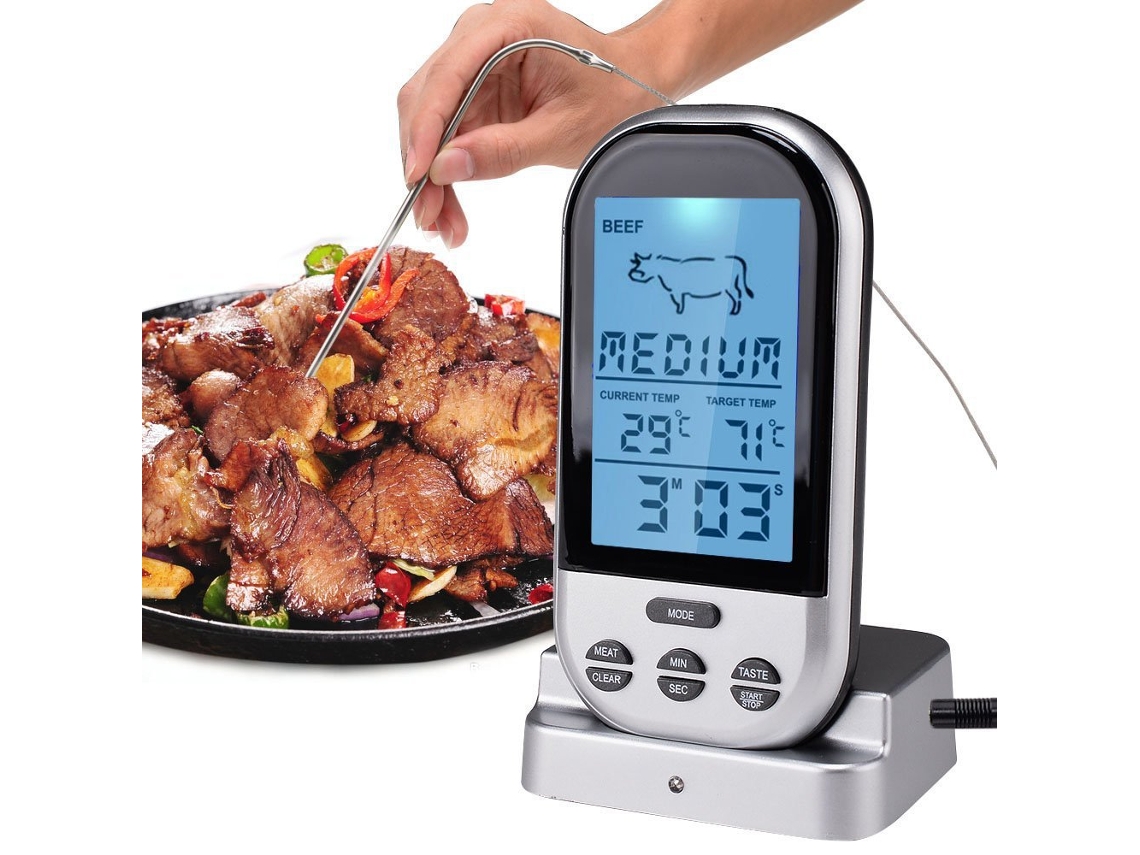 Termômetro Digital Sem Fio Para Forno, Carne, Churrasco E Grelha, Com Sonda Temporizador, Alarme, Cor Prata . Aquaforge (1 Unidade)