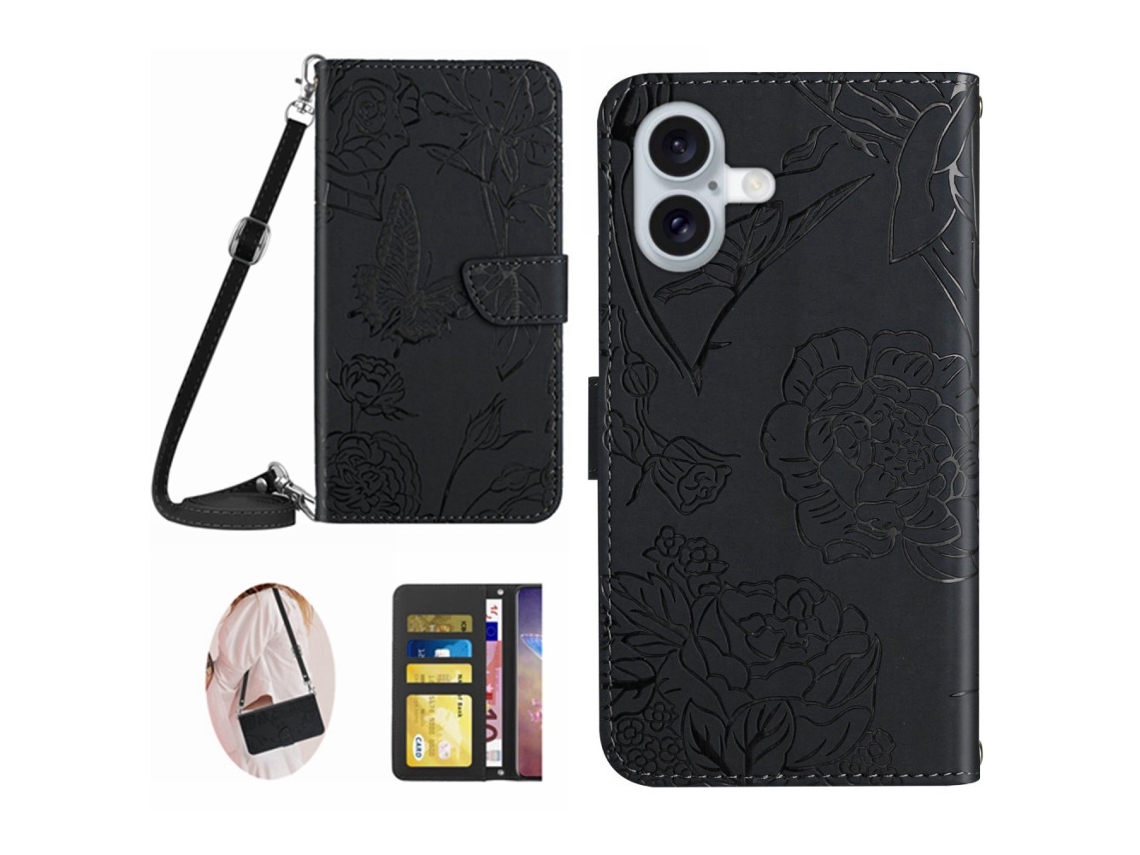 Capa Em Couro Pu Padrão De Flor E Borboleta Para Apple Iphone 16 - Preto