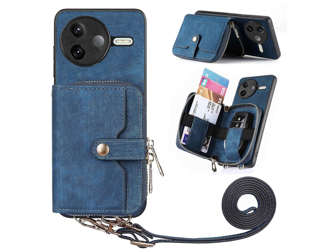 Capa Traseira De Couro Sintético Com Zíper E Alça Longa Para Xiaomi Poco F7 Pro 5g / Xiaomi Redmi K80 5g, Azul