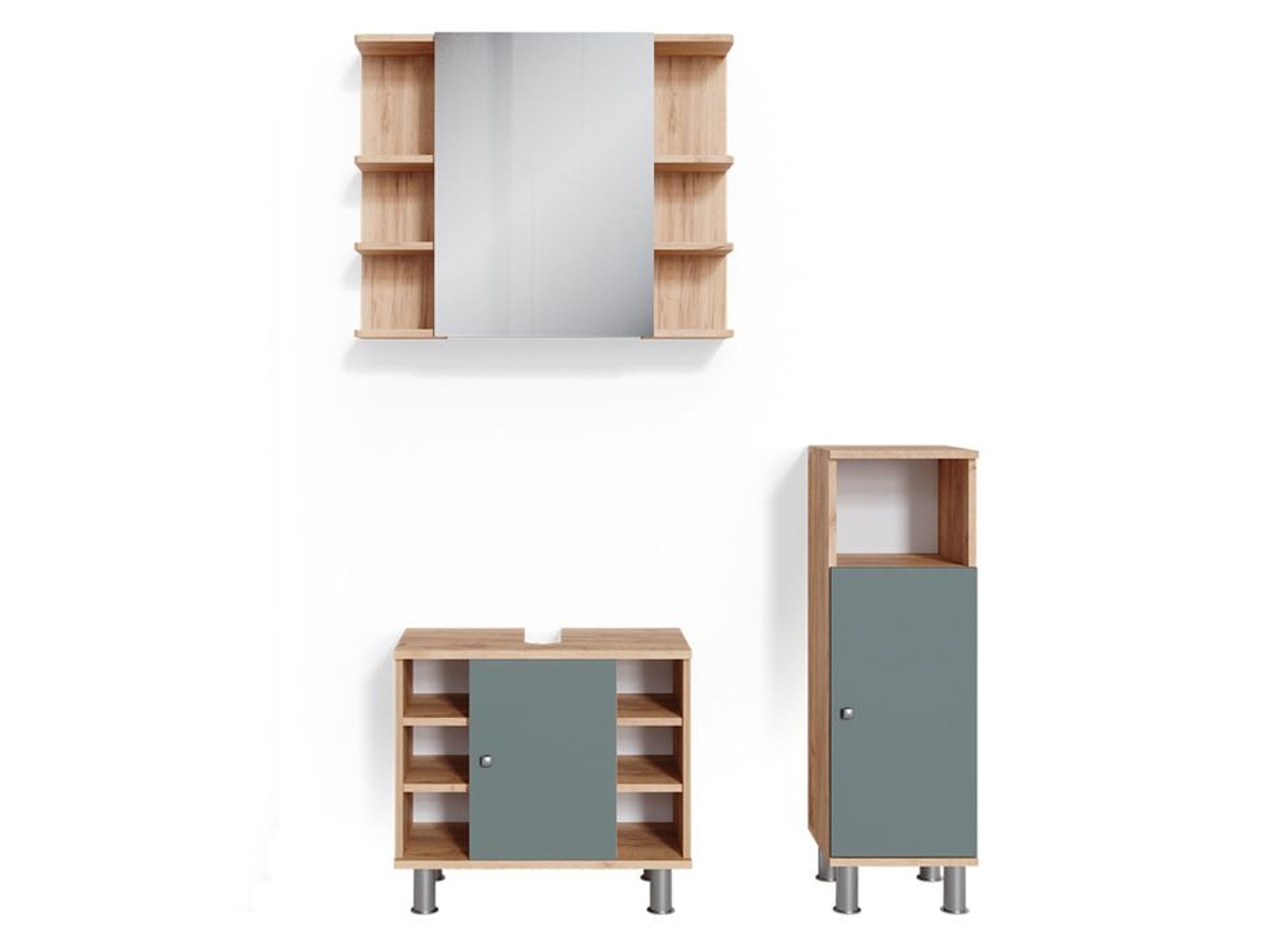Conjunto De Móveis De Banheiro Fynn, 3 Peças, Com Armário Central, Verde, Carvalho Dourado, Vicco
