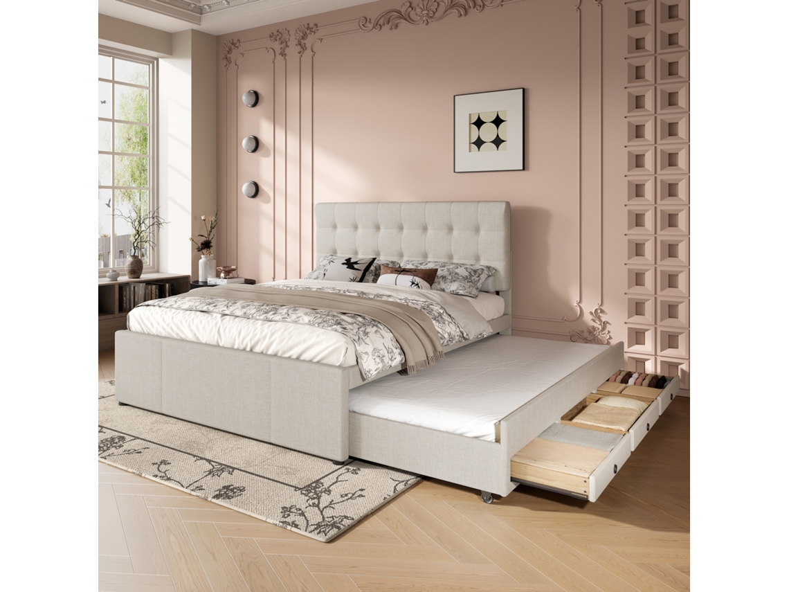 Cama Estofada 140x200cm Com Cama Extra 90x190cm Em Tecido De Linho Com 3 Gavetas E Estrado De Ripas Bege Mobrio