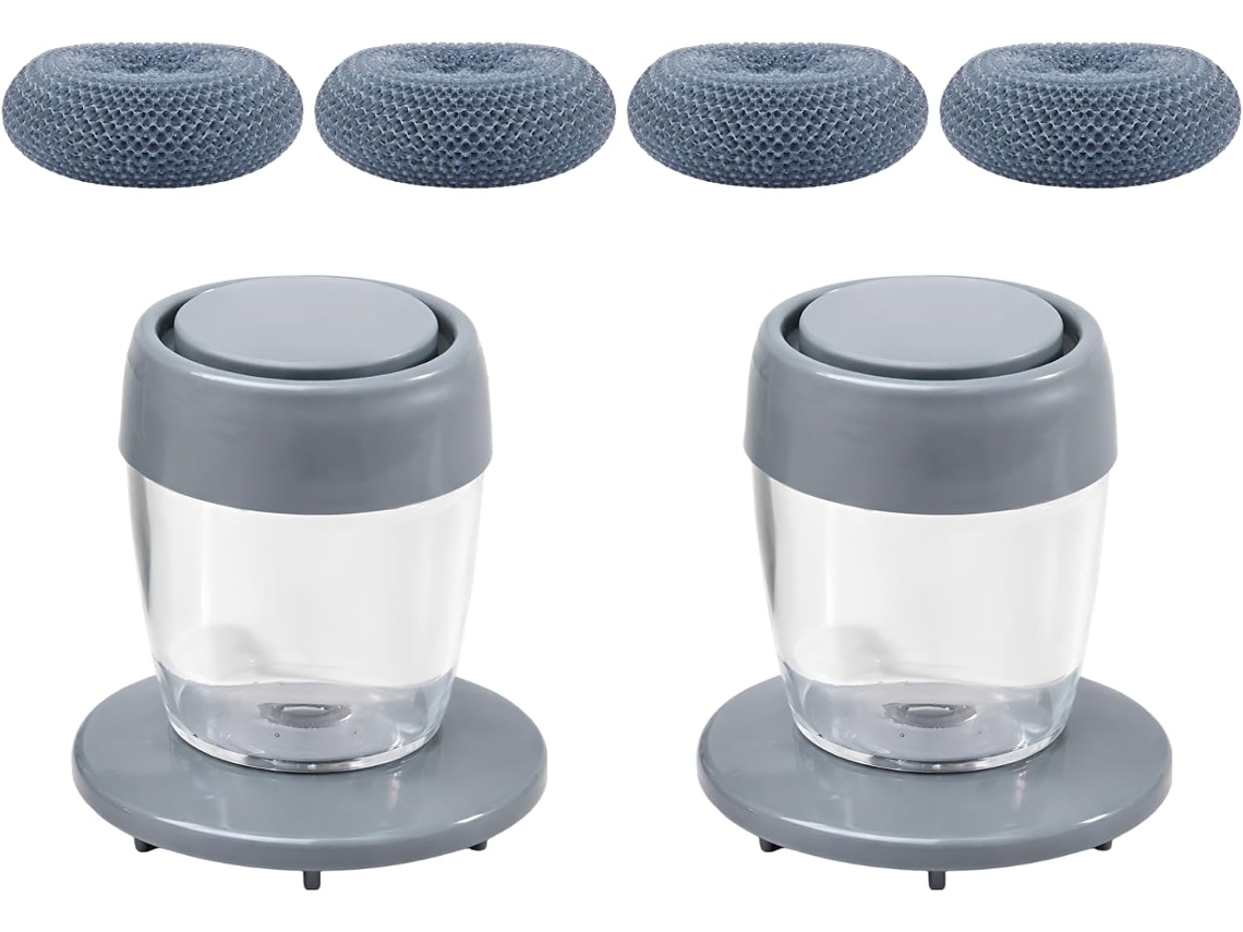 Conjunto De 2 Escovas Lavar Louça Com Dispensador Sabão, Inclui 4 Cabeças De Substituição, Cinza, Escova Com Botão De