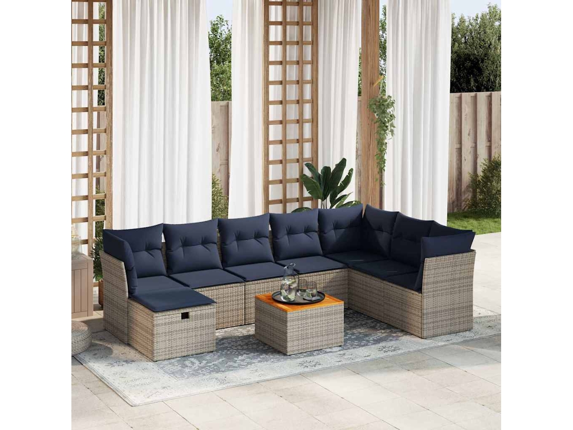 Vidaxl 9 Pcs Conjunto Sofás P/ Jardim Com Almofadões Vime Pe Cinzento
