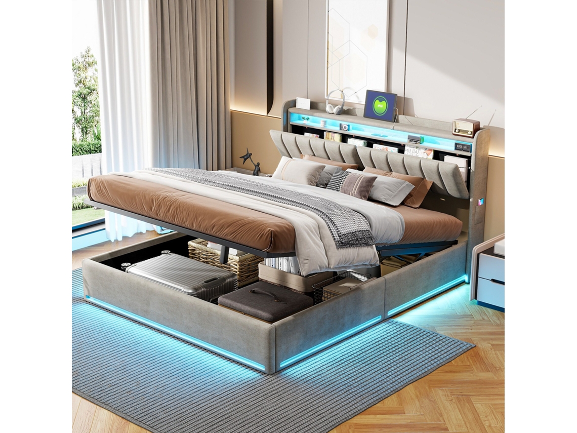 Cama De Casal, Cama Estofada 160x200 Cm, Com Armazenamento Hidráulico, Usb Tipo C, Led, Tecido De Veludo Cinza