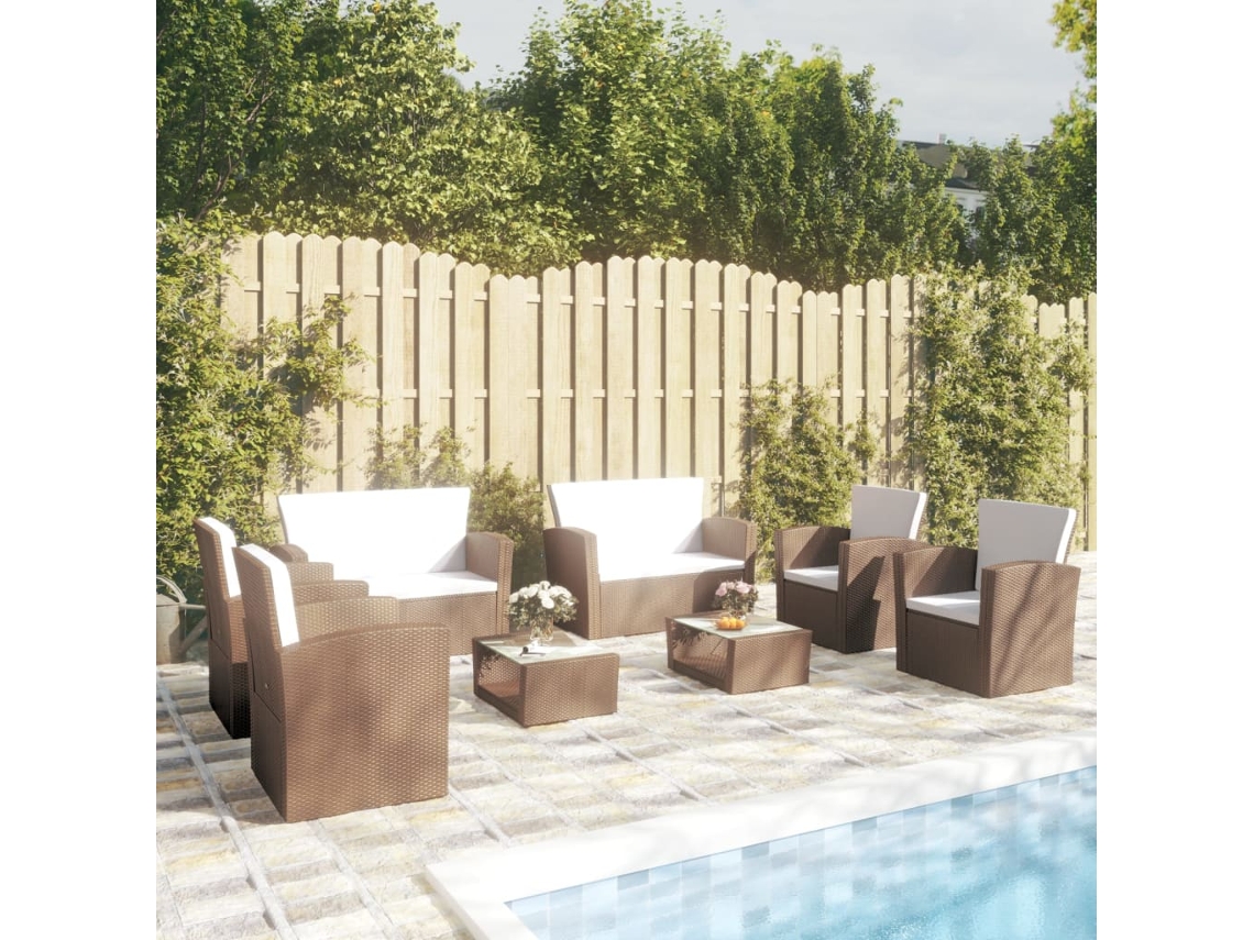 Vidaxl 8 Pcs Conjunto Lounge Jardim C/ Almofadões Vime Pe Castanho